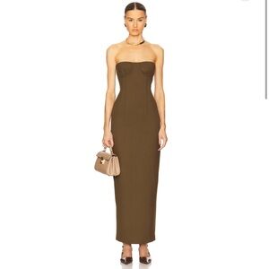 Helsa The Linear Suiting Dress in Dark Olive Elegant Brown Strapless Dress